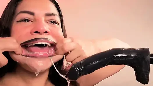 Stretching My Mouth Cock Deep Into My Devilish Throat, Uvula, Big Mouth, Long Tongue, Big Tits, and Saliva on My Face