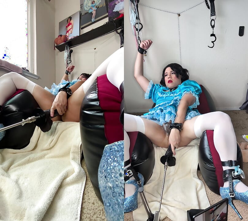 Sissy Candy na njenoj stolici na naduvanoj stolici u samoodbrani sa svojom mašinom za jebanje