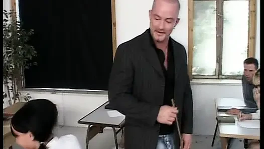 Tiny German teen doll fucked in hard threesome in the classroom
