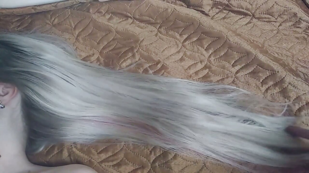 Hairjob blonde plays with cock ,MILF hair cum on his head