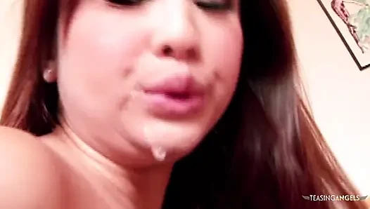A woman of Asian descent engages in intense sexual activity after displaying her very attractive physique