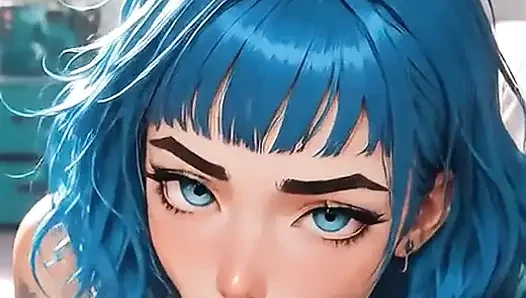 Gadis AI berambut biru alternatif memberikan blowjob dan mendapat air mani di mulutnya