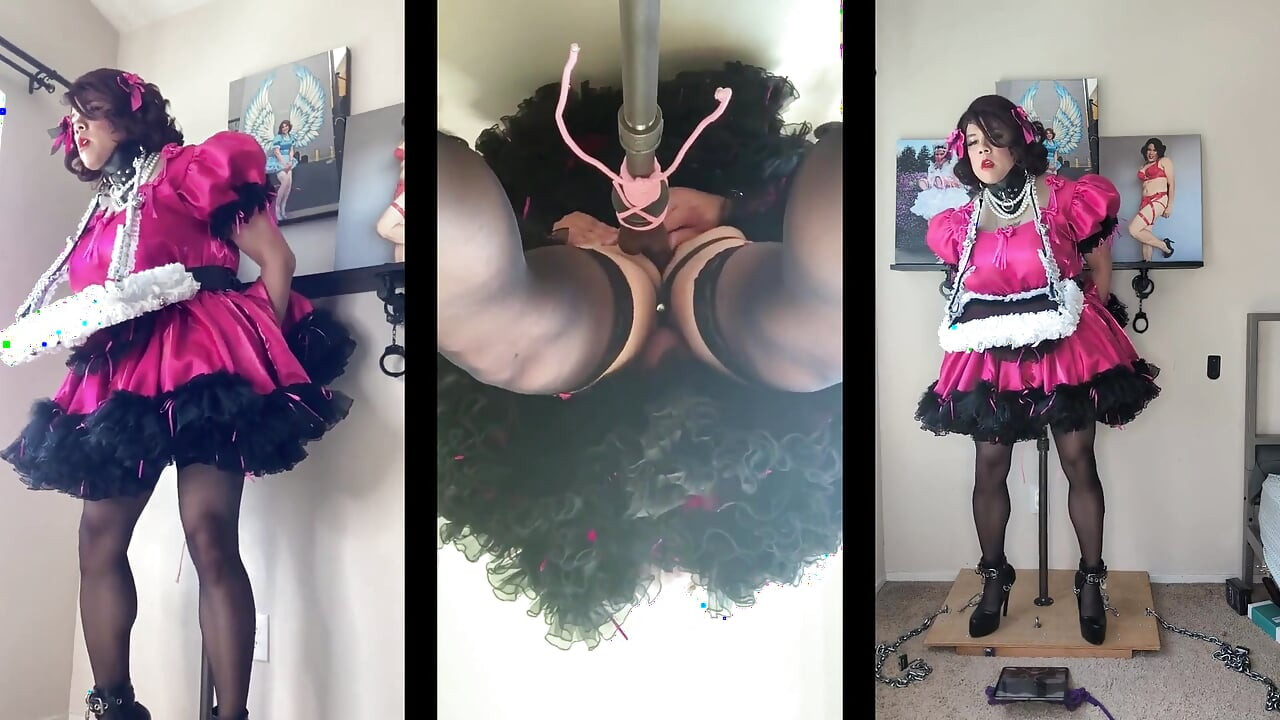Sissy Maid with Her Serving Tray Riding Her Dildo Stand