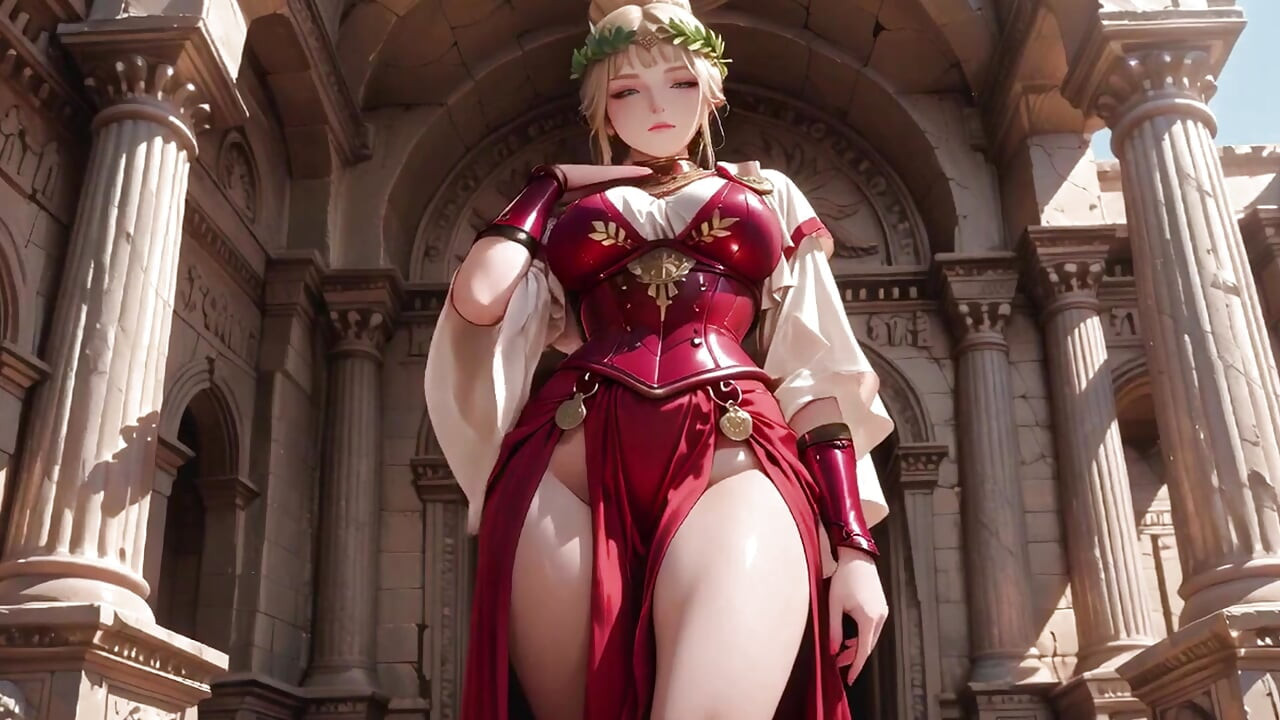 Red Armor Queen! Forbidden Gaze in the Roman Corridor, Skirt Lift Reveal, Hand on Lips Teasing You...