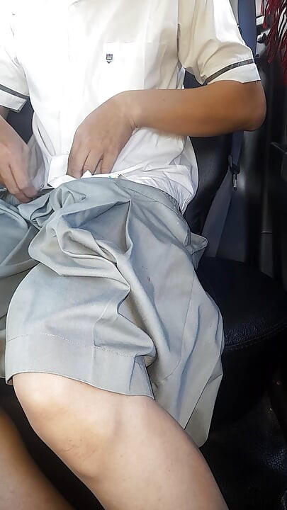 Asian Crossdresser Cum Wearing Grey School Girl Uniform