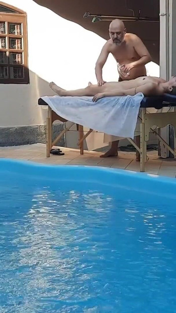 Must-see moment from "Massage in the pool. The therapist couldn't hold back and made her cum in his mouth."