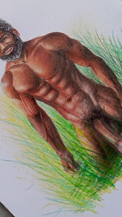 Emotional moment from "Erotic Art Or Drawing of A Muscular Indian Desi Man exhibition his Big Black Cock outdoors among the"