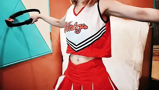 A cute, busty married woman does exercise 1 in an erotic cheerleader costume. Home made amateur Private Shoot