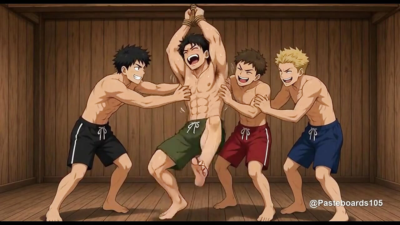 Strung Up By The Wrists II - Bare Hands On A Bound Muscle Jock's Armpits And Ribs (2D Anime Bara)