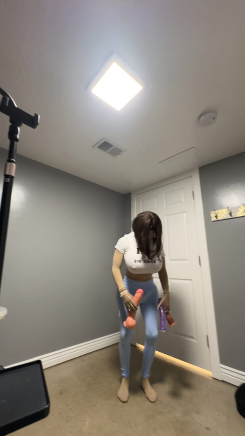 Hot trans CD in Tight blue leggings doing some yoga wit her favorite shirt | Clip 2