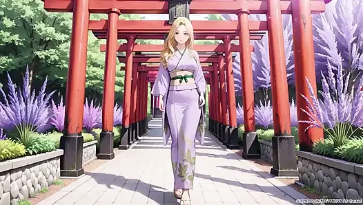 Блондинка в Лаванде! Стоя на коленях босиком под красными Torii воротами, ее Andouf трехает в бризе