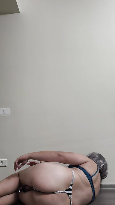 Crossdresser in bulge thong vibrating ass and cock
