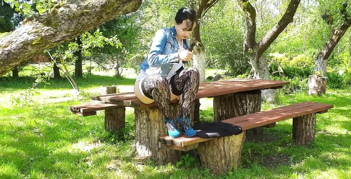 Wanking My All Natural Cunt with Hairy Bush While Sitting in The Spring Garden