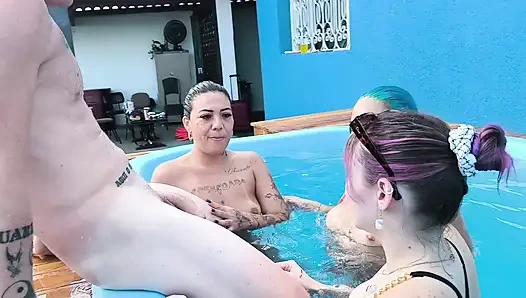 3 naughty friends paying the pool owner on the xerecard