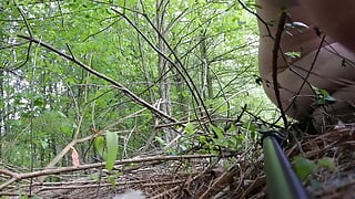 Hiking naked in a public forest playing with his cock