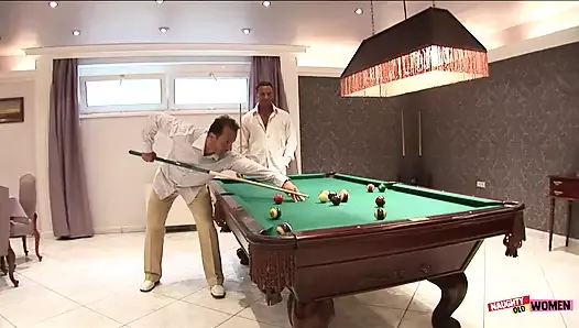 Racy blonde loses a game of pool and gets DPed by her two friends