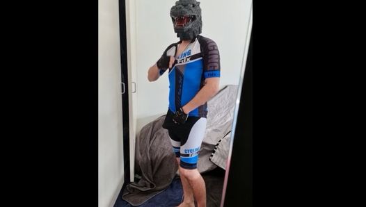 Godzilla Wanks off in Cycling Lycra