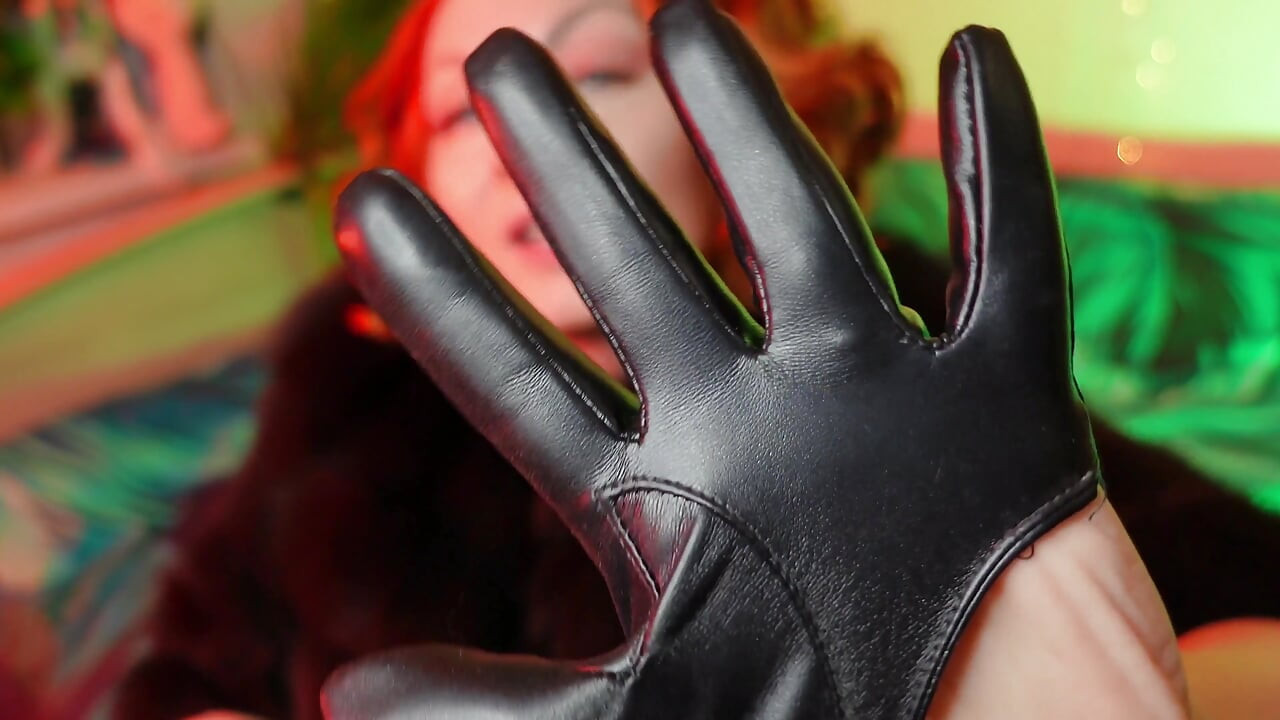 Sexy pin up Arya doing ASMR sounds with short leather gloves