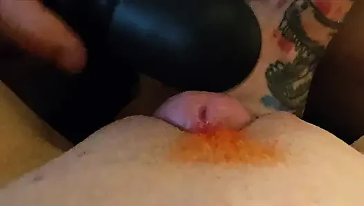 Wife with orange bush gets fucked and cum on fat pussy TWICE