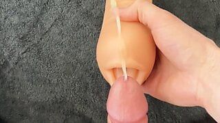 Chastity cage sex toy blowjob with cum in mouth