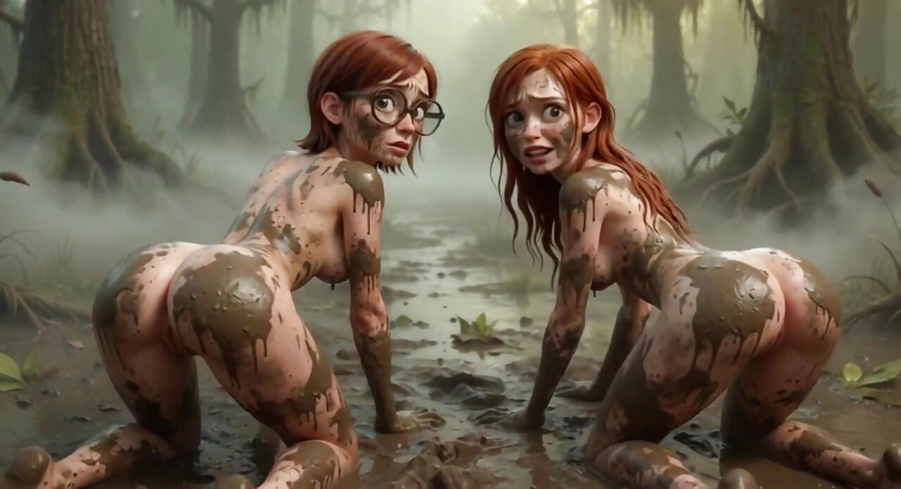 Two Stunning Women Lose Their Clothes in a Dark Swamp Searching for Their Friend and End up Naked in the Mud (ai Generated)