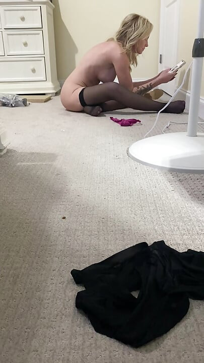 Crossdresser watches his milf girlfriend video chat a guy and use a vibrator to make her pussy cum