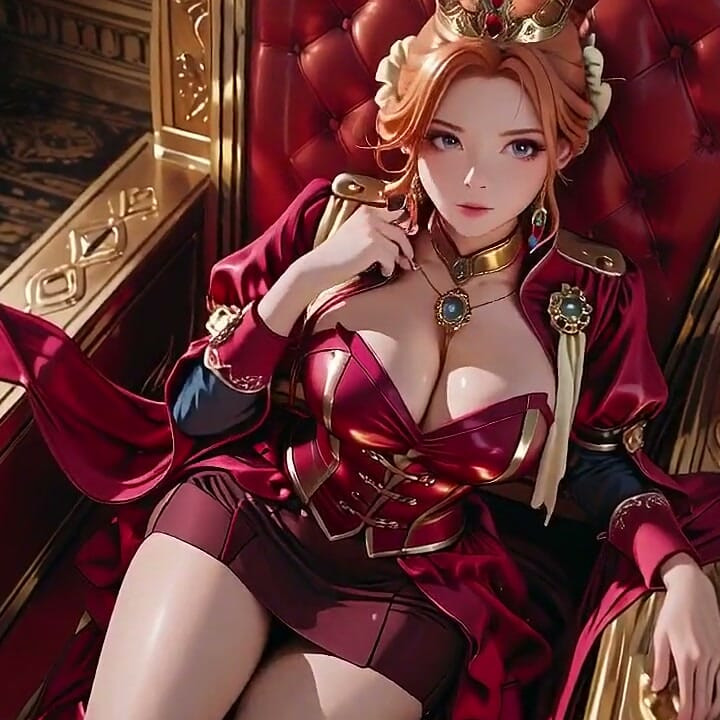 Red Queen on the Golden Throne! Deep Velvet Gown, Lazy Chin Rest, and a Gaze That Locks Onto You. Is She a Ruler or Prey?