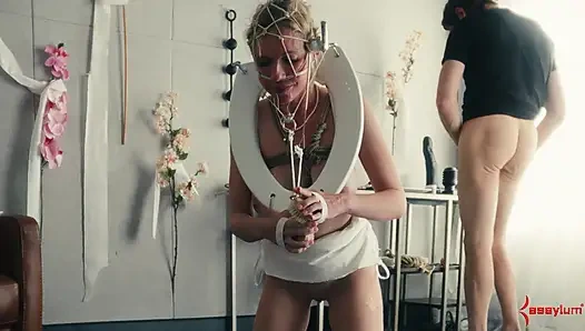 Human toilet swallows dozens of loads and gets a rough face fucking and ass fucking