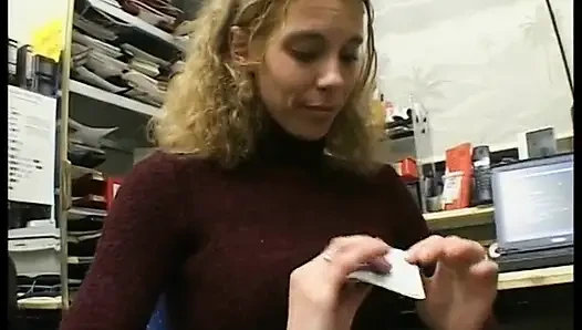 Curly haired blonde gets her hairy pussy fingered
