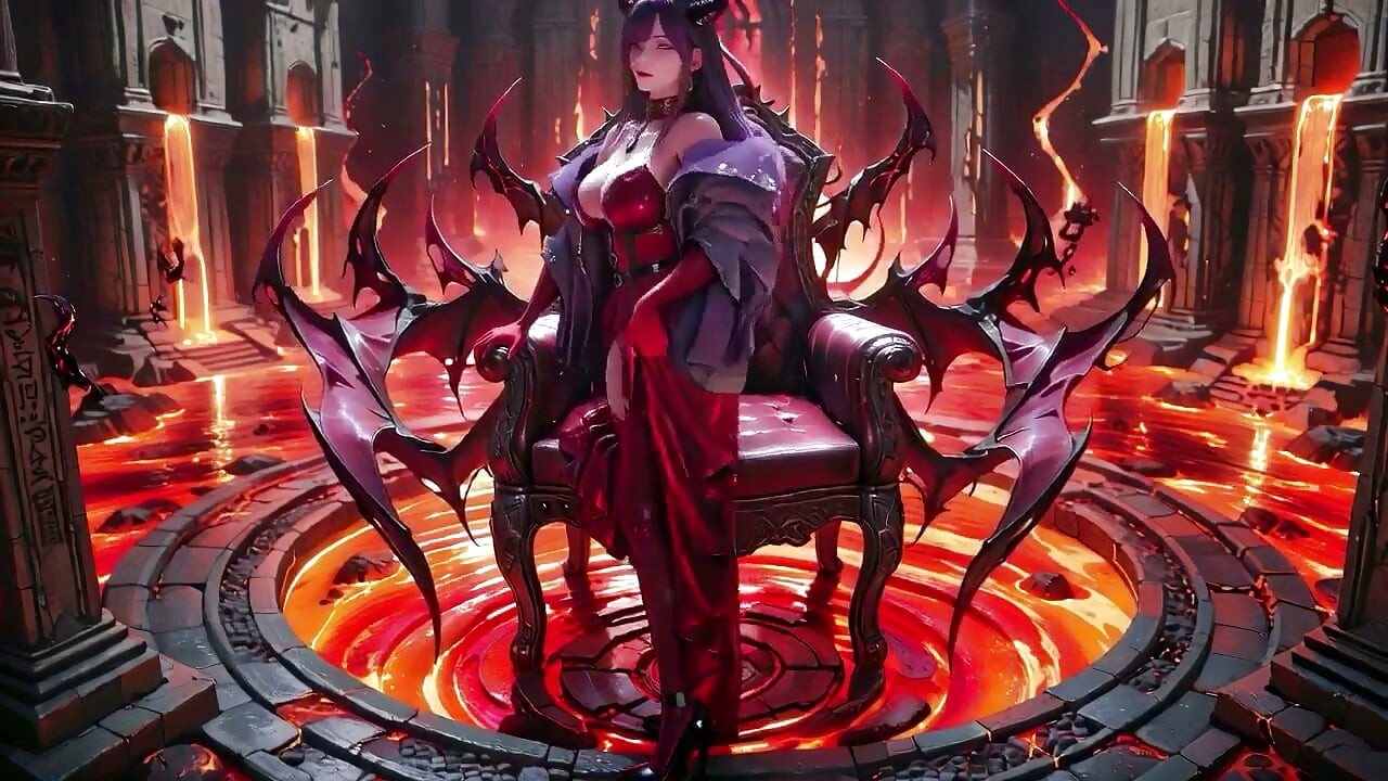 La reine des démons aux cheveux violets arrive ! Cuissardes rouges sur fond blanc