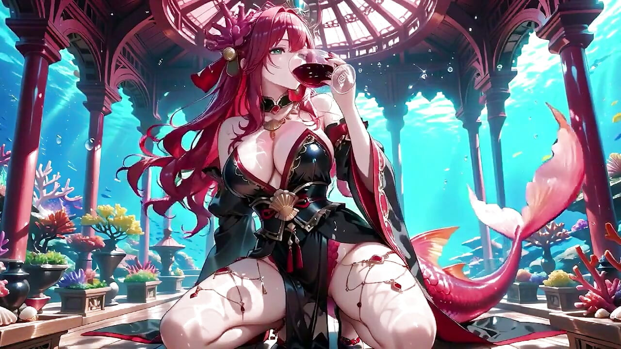 Red-haired Mermaid in Black Gown! Kneeling by the Pool, Lips & Mesmerizing Eyes.