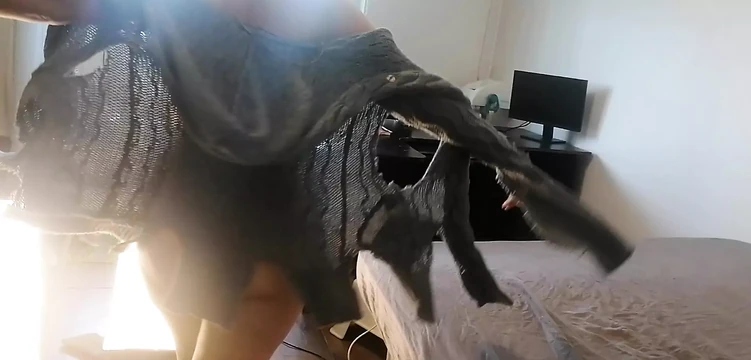 Amateur wife has fun trying on clothes and cutting them. Amateur wife vacuuming naked in the house.