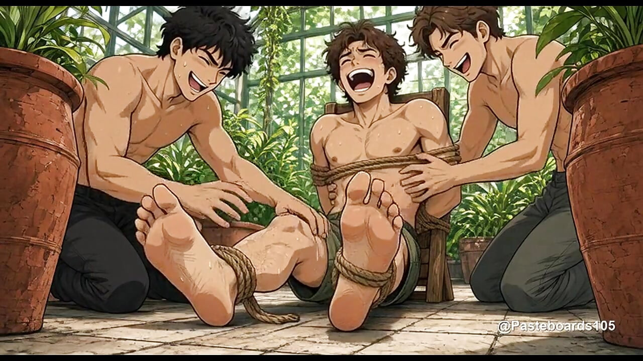 The Greenhouse Bench - Roped Down, Fingers On His Ribs And Bare Feet (2D Anime Bara)