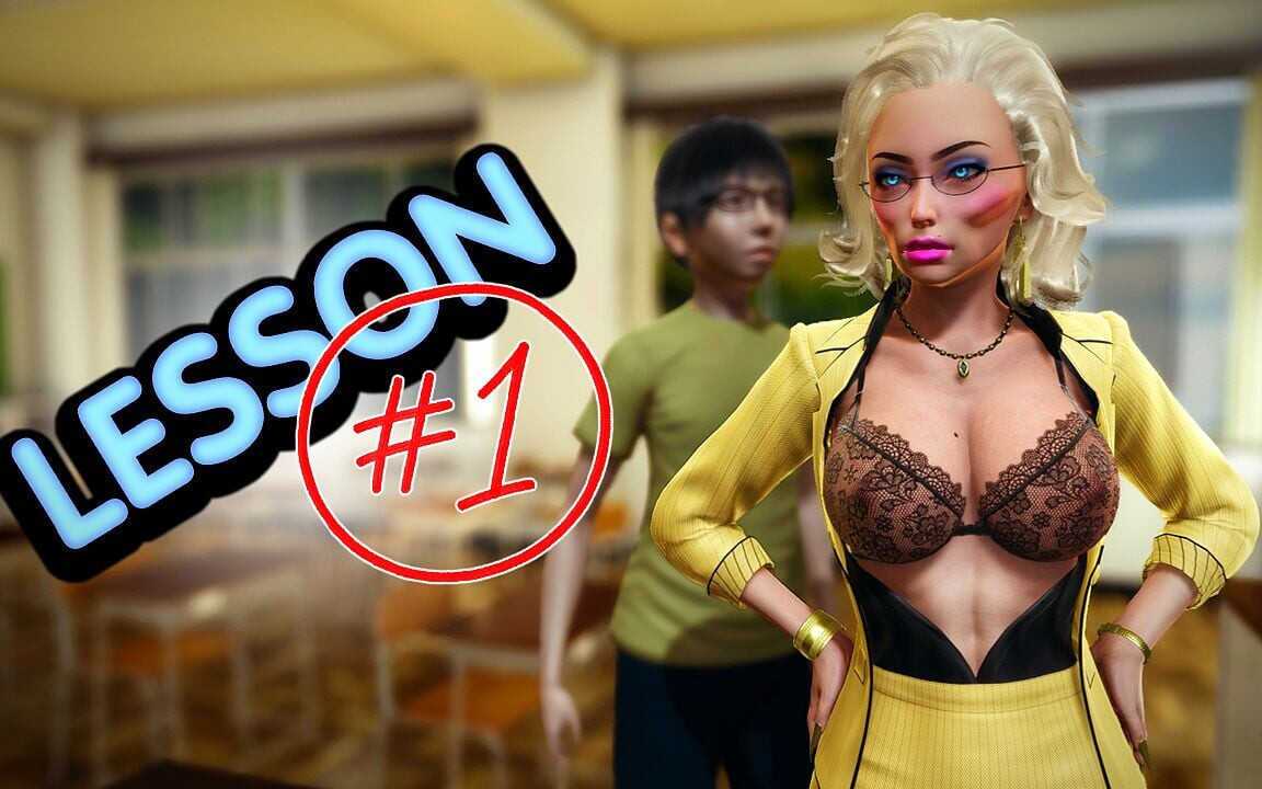 레슨 #1. 한 학생이 빈 교실에서 아름답고 키가 큰 교사와 함께 교활한 연습을 합니다. 비우기41