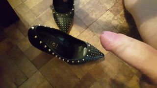 Cum in studded black leather heels