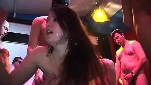 Mature Blonde's Ass Stretched Wide in Dripping Gangbang Orgy