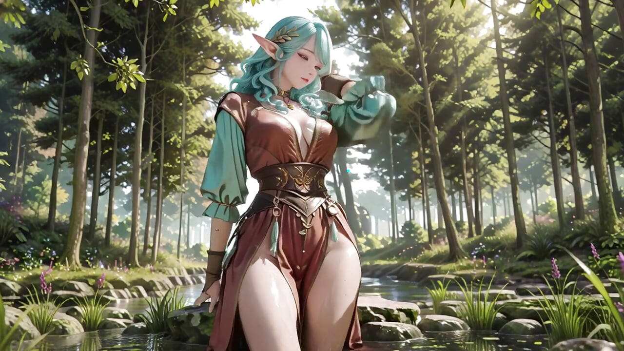 Forest Fantasy! Green-haired Mage & Blue Elf in a Private Walk, Kneeling under dappled sunlight with teasing wands.
