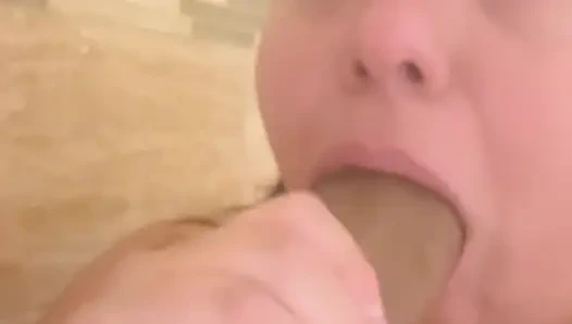 Horny Slut fucks her throat with bbc dildo in shower