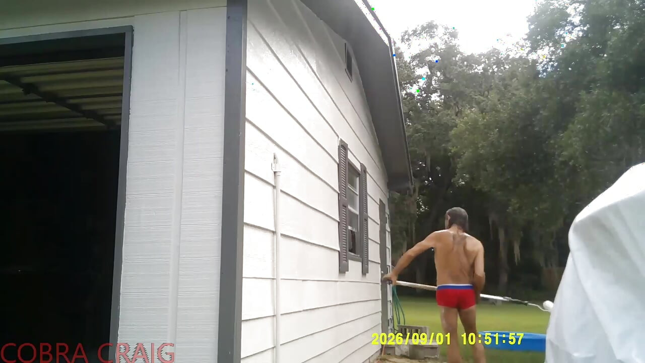 9-1-2026 COBRA CRAIG PAINTS IN HIS TINY RED SHORTS. 64YO. IN THE HEAT AND HUMIDITY.  ROCKS IT