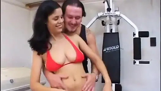 Big boobs girl hairy pussy fucking in the gym. Cum on hairy pussy