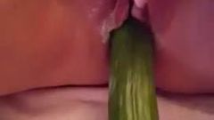 Amateur masturbate with cucumber while watching porn