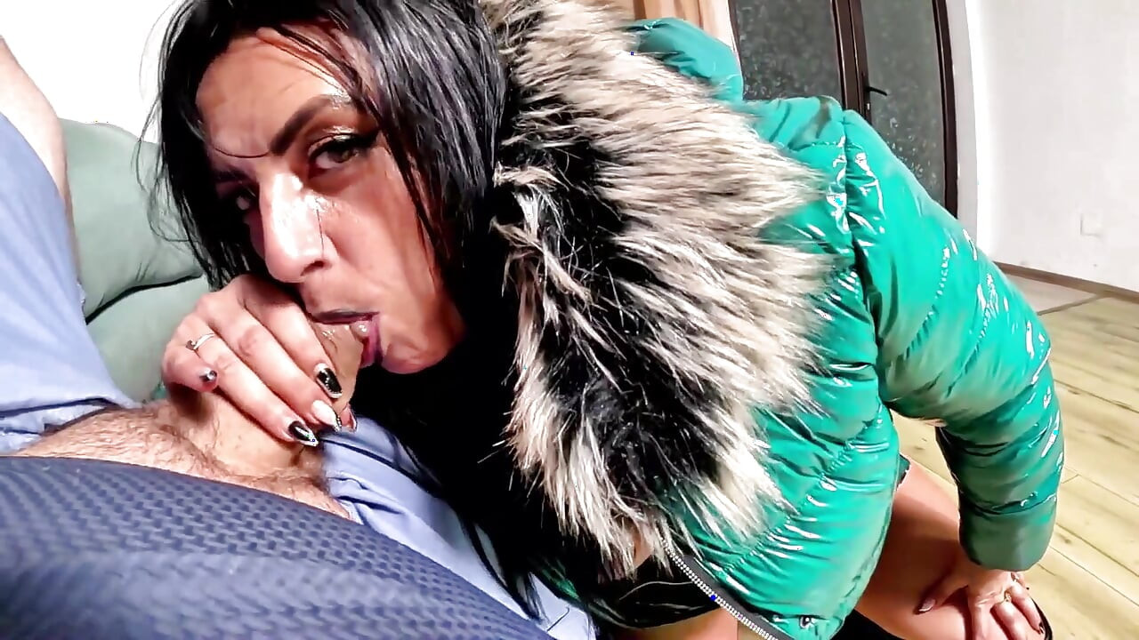 Glossy Fur Hooded Downjacket POV. Deepthroat, Sleeve Play, Riding and Double Cum