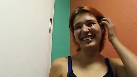 Redhead whore with small tits masturbating solo