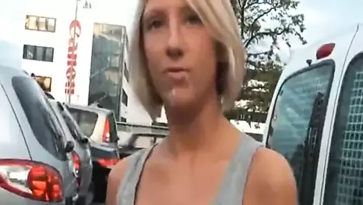 Blond Girl from Austria negotiate the price for a car