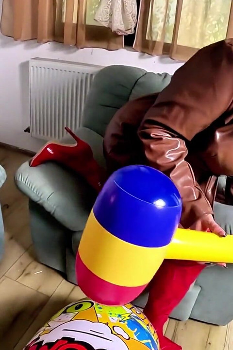 Dominant Leather MILF Inflatable Smash Fetish. Giant Hammer, Doggy, Cum Play and Popping