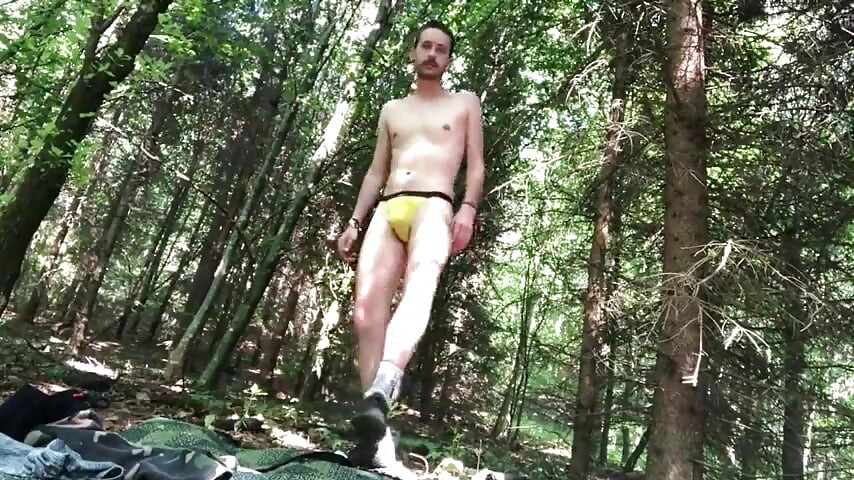 White twink strip outside yellow thong and cum