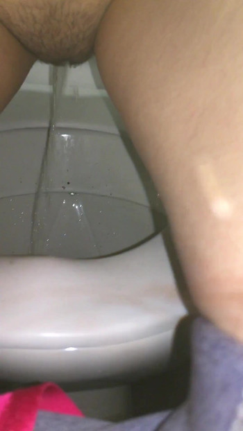 Key moment from "Slim pissing close-up in a public toilet. Russian pissing porn. Pissing standing hairy cunt"