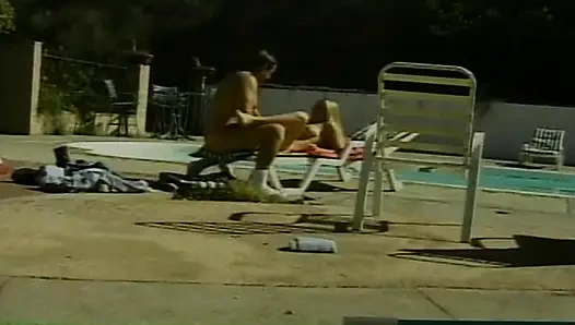 Facial cumshot for a hot blonde babe by the pool