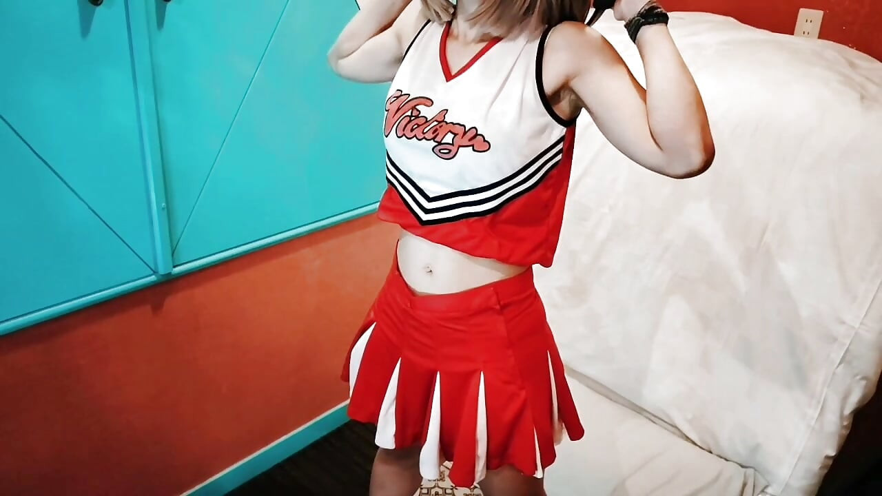 A cute busty married woman exercises 2 in a sexy cheerleader costume. Home made amateur Private Shoot