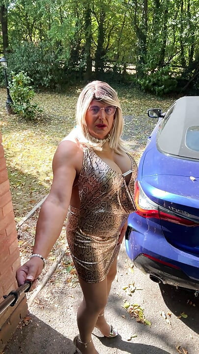 Sexy Crossdresser kellycd2022 in gold leopard print dress tan pantyhose and heels s